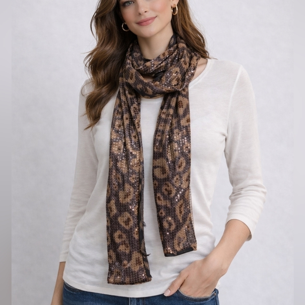 CHICO'S Mobwife Disco Sequin Leopard Cheetah Print Sash Scarf